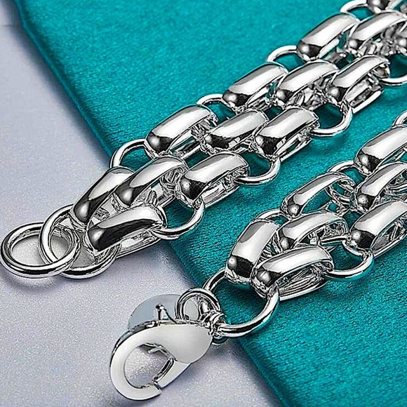 Sterling Silver Chain Link Cuban Mesh Lattice Stamped 925 Bracelet - Picture 4 of 7